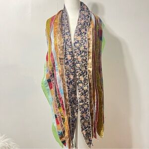 100% Silk Sari Colorful Striped Floral Boho Whimsical Scarf Shawl NWT